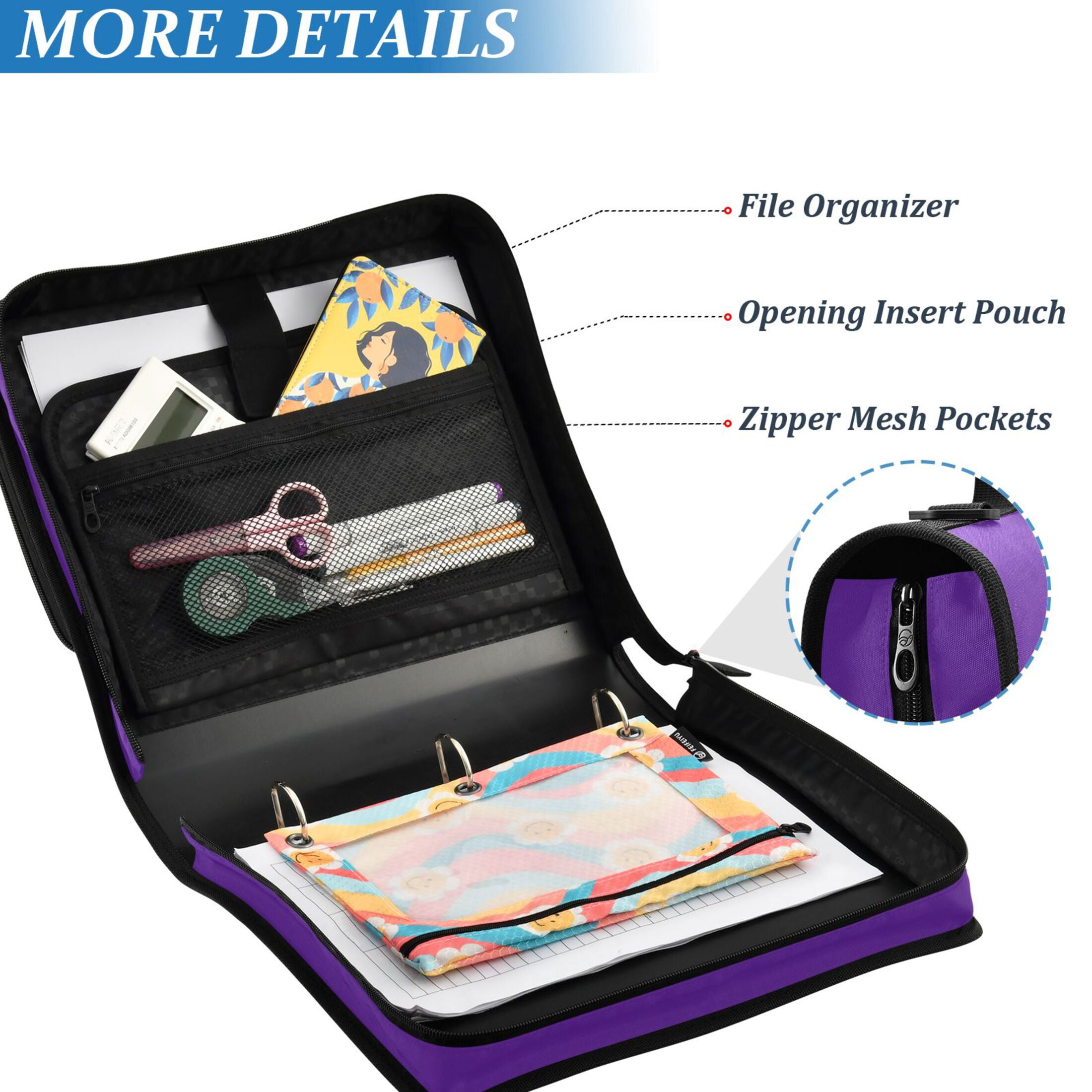 ALAZA Zipper Binder Dark Purple 3 Ring Trapper Keeper File Folder Organizer Bag