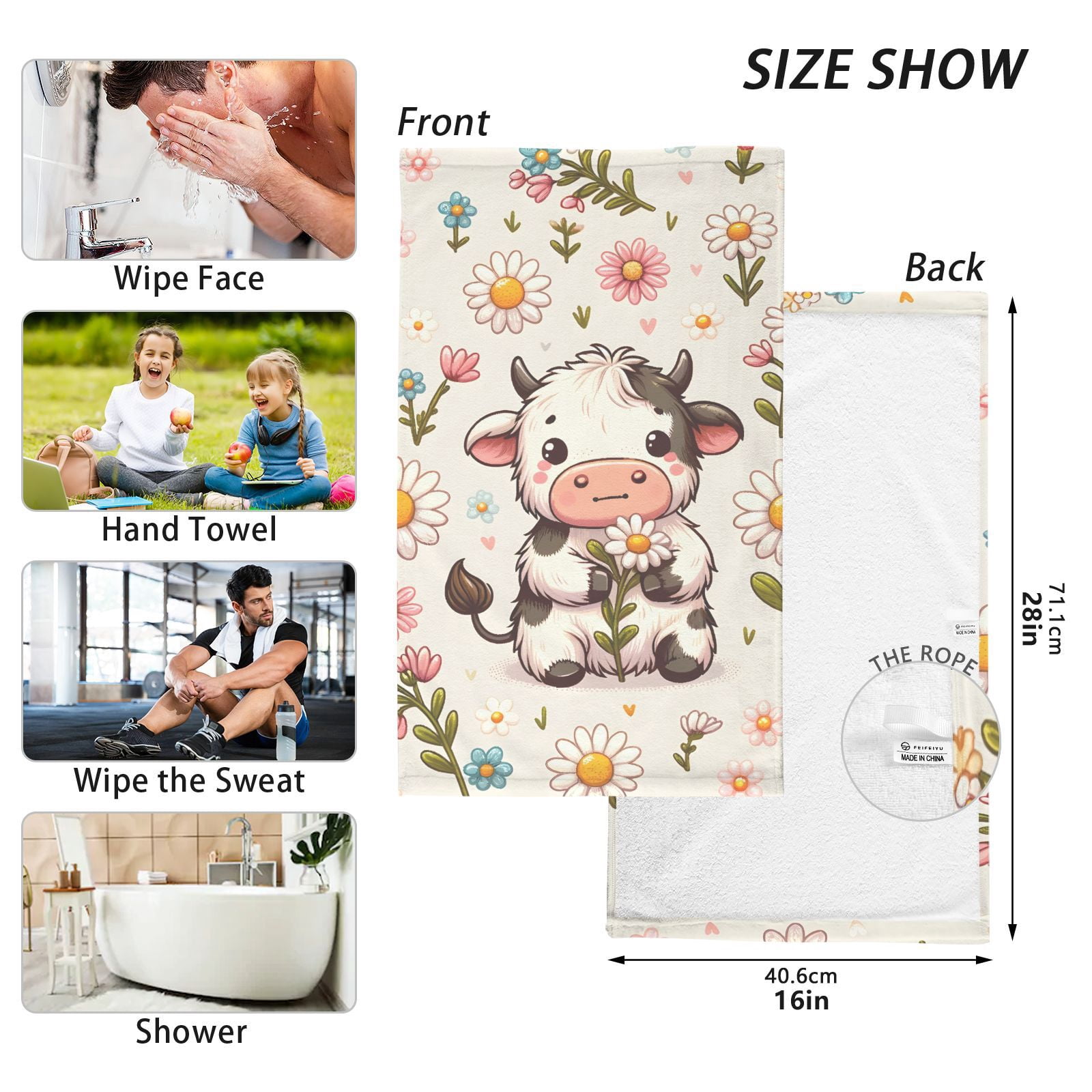 Cow on Flowers Hand Towel Bath Towels Face Towels Cotton Absorbent for Home Hotel Spa Swimming Yoga Sports Decorative Towel Set of 2