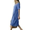 thumbnail image 4 of Women's Cotton Linen Crew Neck Midi Dress Short Sleeve Loose Casual Long Dress with Drawstring Waist Side Pockets Blue XL(XL), 4 of 6