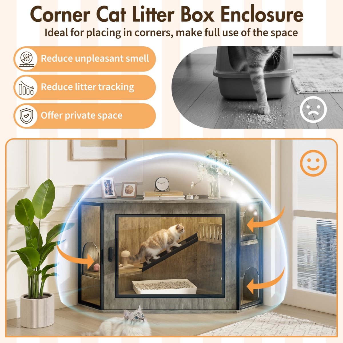 LuckyNote 48" Corner Cat Litter Box Enclosure, Modern Hidden Litter Cabinet with Acrylic Door & LED Light, Cat House with Playground Stairs