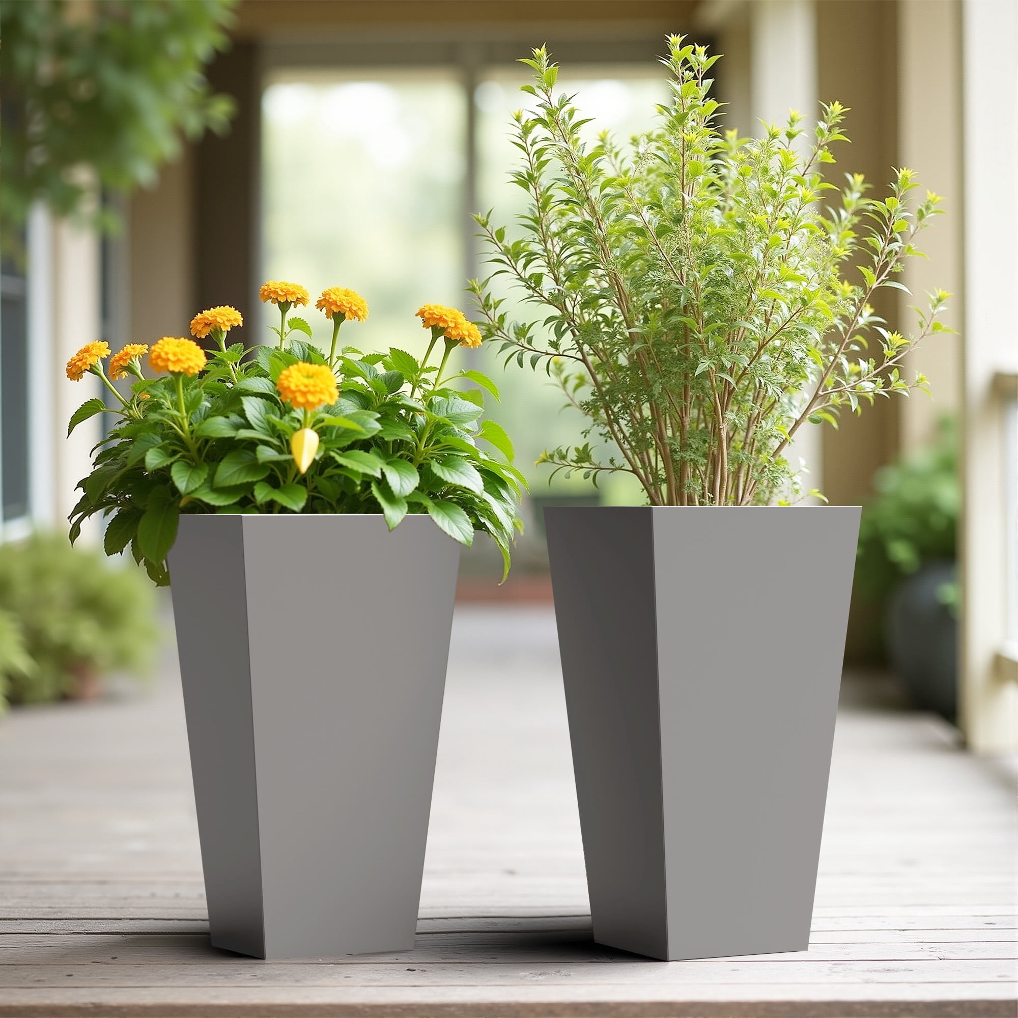 MAYEERTY 28*15*15" Gray Modern Metal Cone Planter with Inner Shelf for Outdoor Gardening, Patio & Balcony