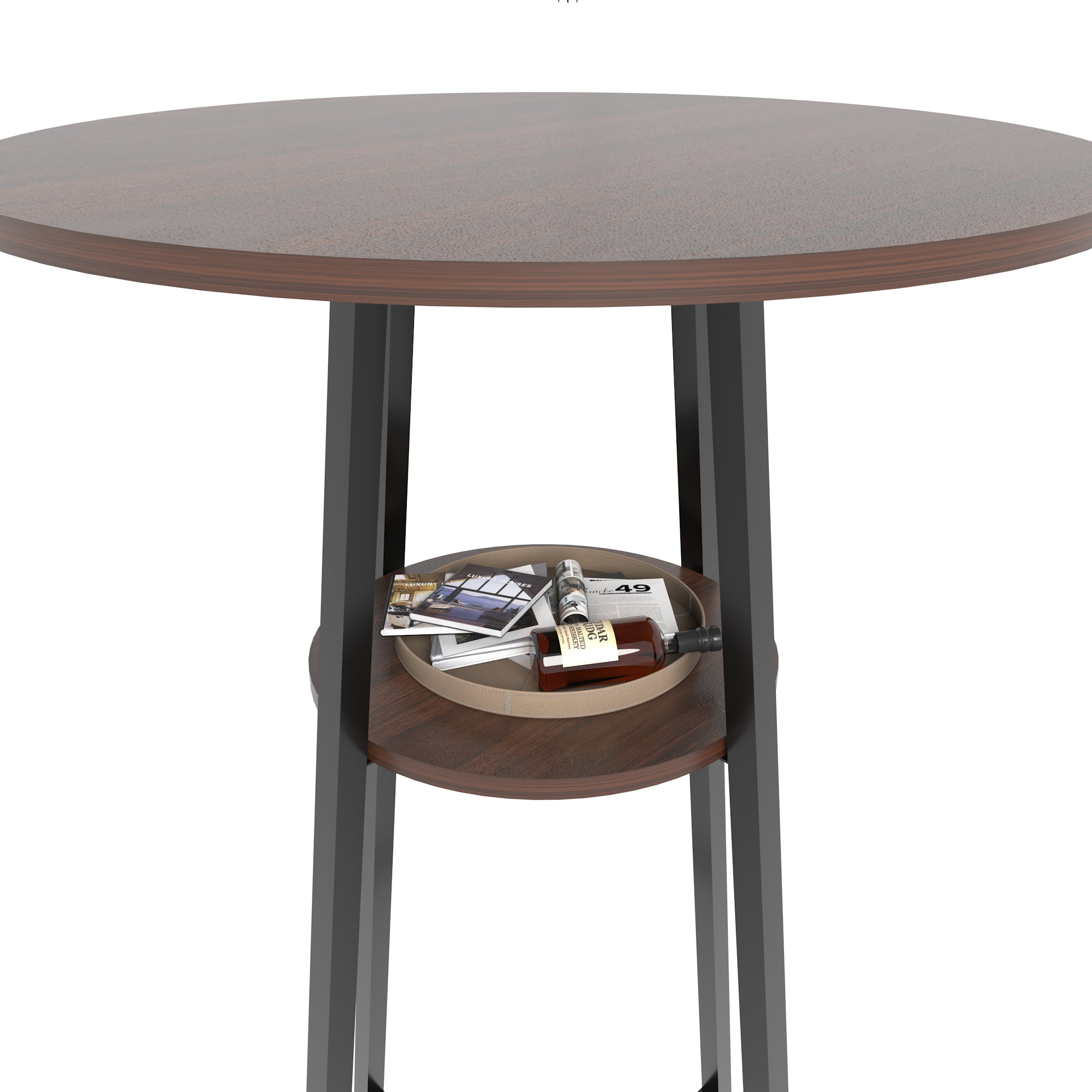 GARITIN 3 Piece Round Bar Table Set with 2 Bar Stools, Counter Height Pub Table with Middle Storage Shelf for Kitchen Balcony, Walnut Brown