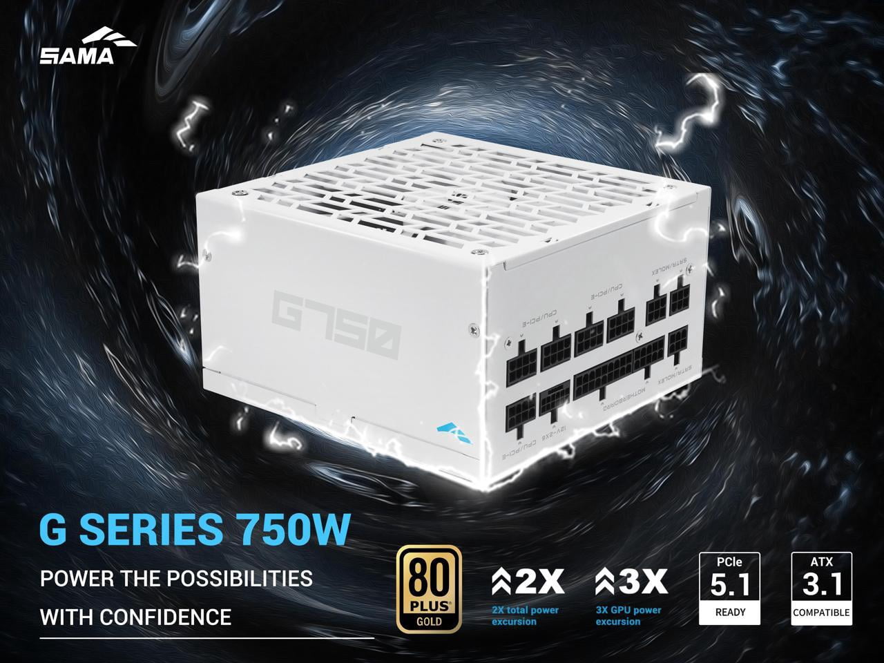 SAMA G750W ATX 3.1 Power Supply, 750W, Cybenetics Gold Standards, PCIe 5.1 Ready, Full Modular, Japanese Capacitors, FDB Fan, White Version