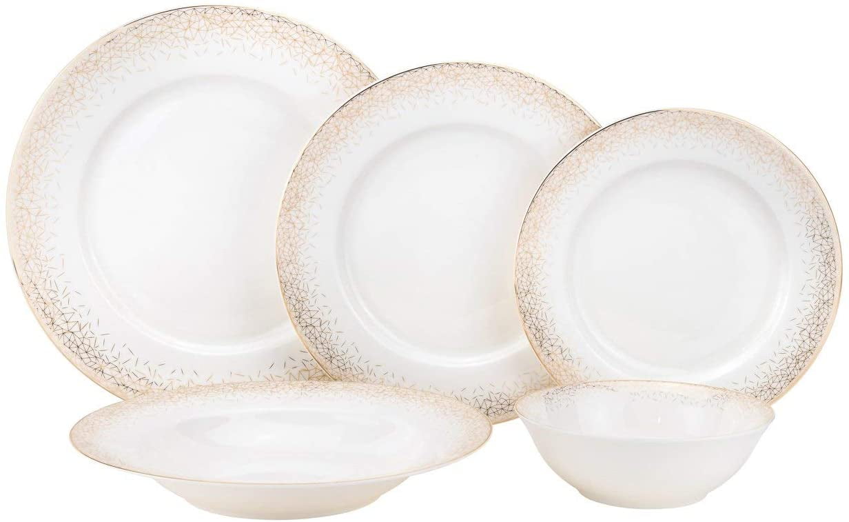 20pc Bone China Porcelain Dinnerware Set w/ Golden Rims, Infinity Gold Elegant Dinner Set with