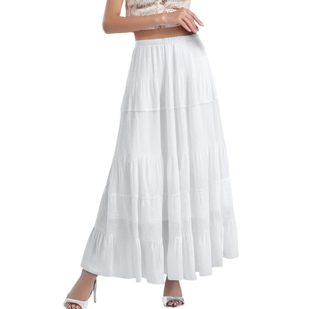 Falda larga fluida de gasa blanca para mujer: falda boho de verano con cintura elástica y pliegues en línea A, tejido de poliéster, tallas S-XXL