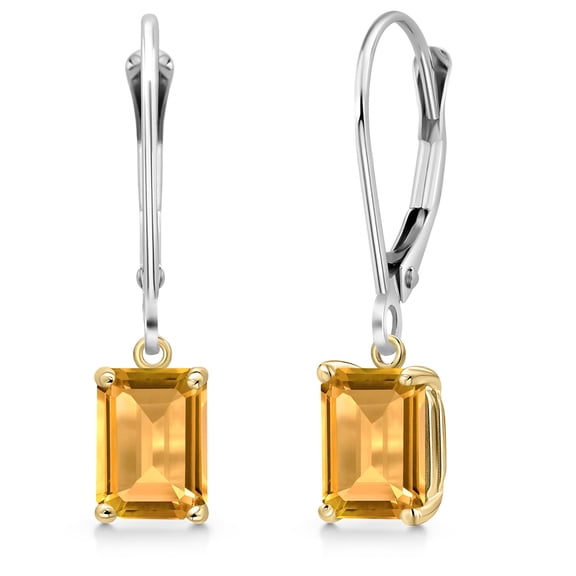 Gem Stone King 925 Silver and 10K Yellow Gold Yellow Citrine Dangle Earrings for Women | 1.74 Cttw | Gemstone November Birthstone | Emerald Cut 7X5MM