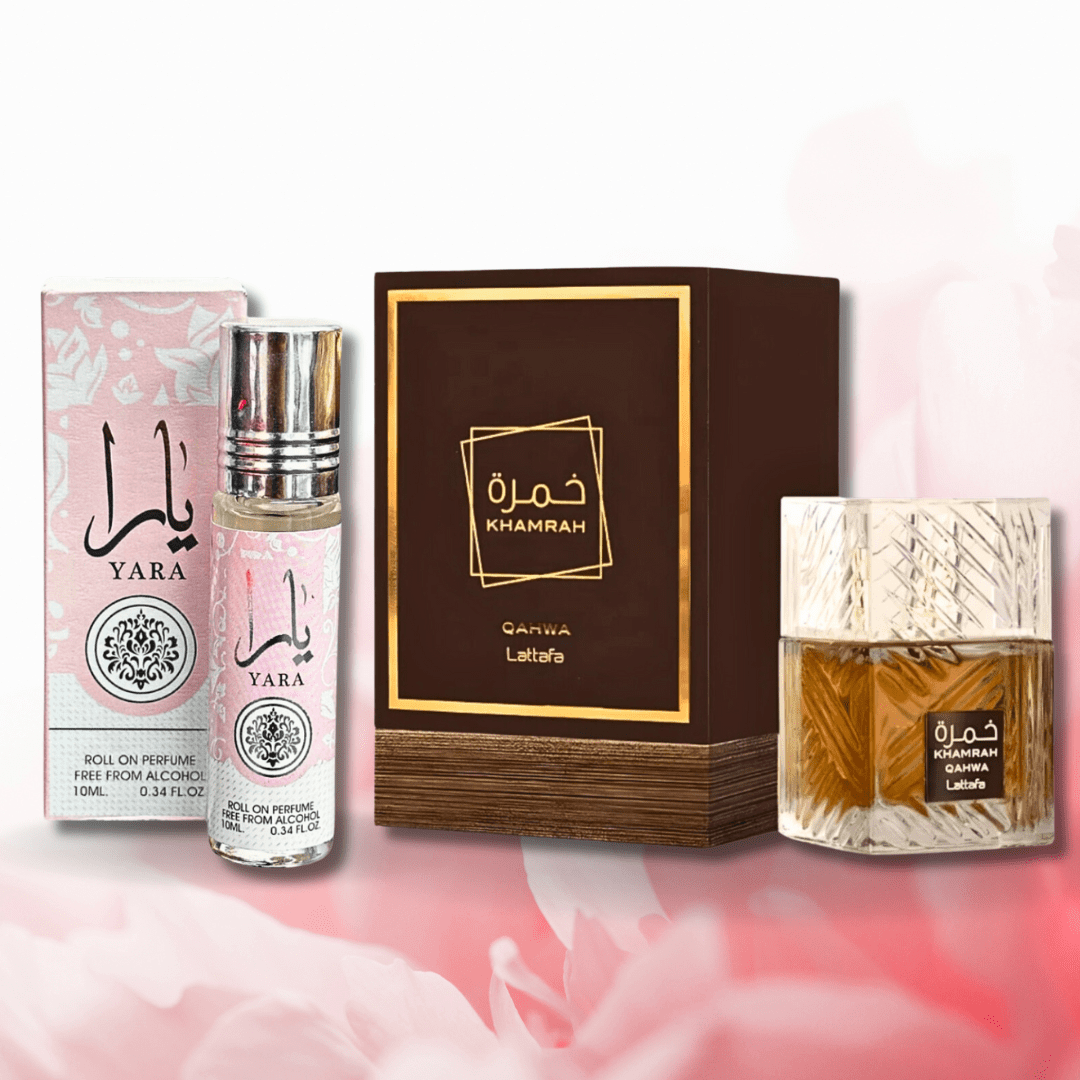 Khamrah Qahwa EDP 100ML by Lattafa & Yara Roll-On Perfume Oil CPO 10ML by Ard Al Zaafaran. (BUNDLE)