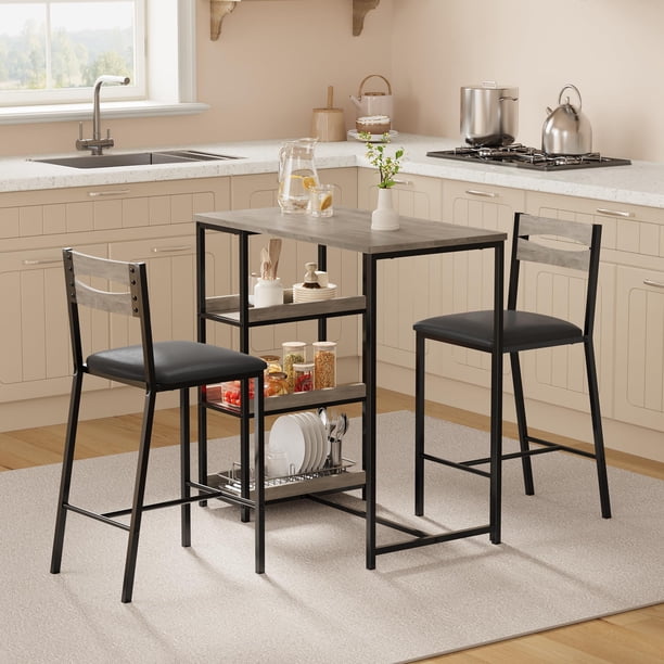 QinaQin Comedor de 3 piezas con almacenamiento, mesa compacta con estructura de hierro y acabado negro tipo madera, incluye 2 sillas tapizadas en PU, ideal para espacios pequeños