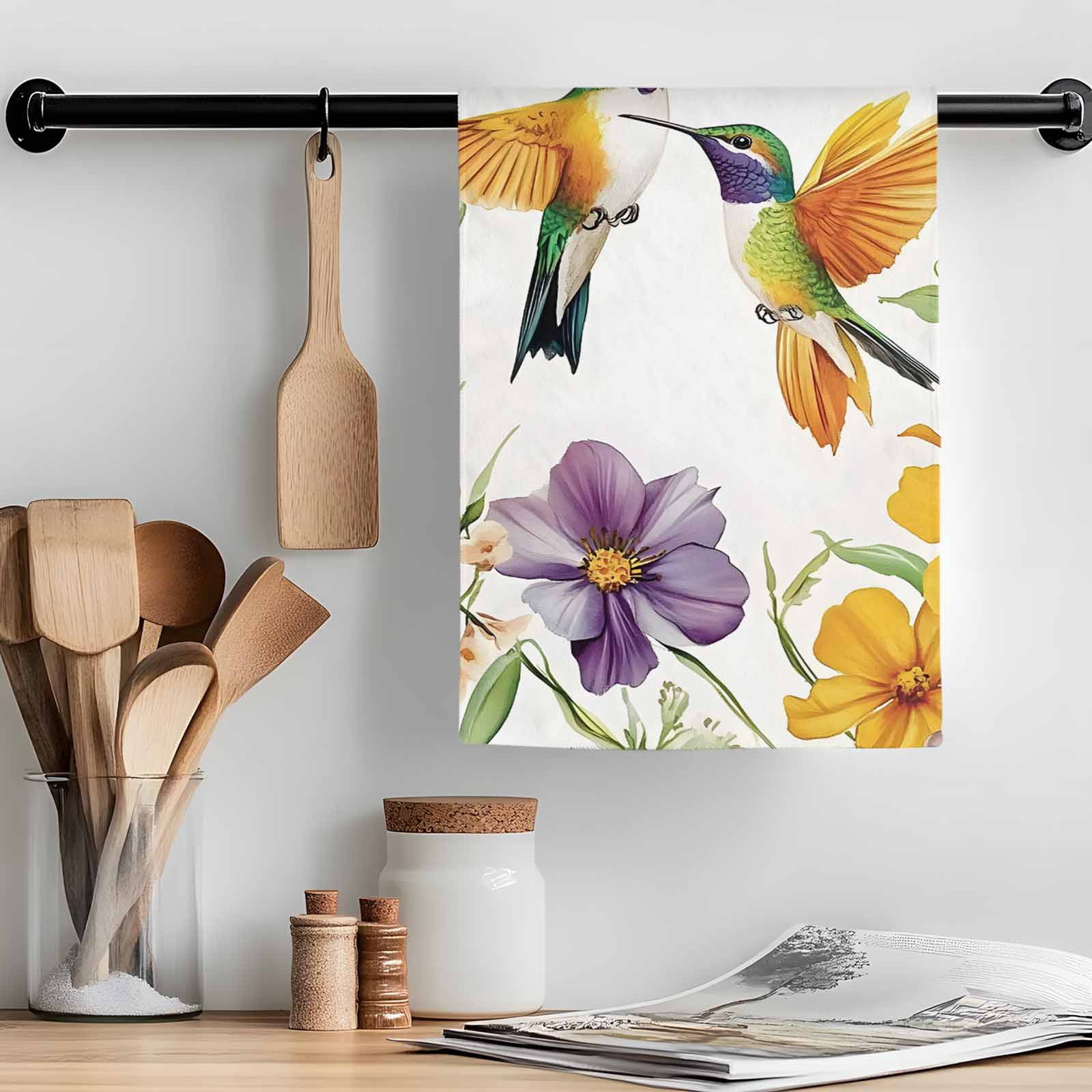 Spring Floral Kitchen Towel Dish Cloths Set of 2, Microfiber Soft Kitchen Hand Towels, Summer Botanical Birds Colorful Absorbent Quick Drying Dishcloths 18 x 28 Inches