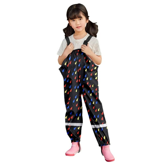 Wuxian Girls Rain Suit Waterproof Rain Bib Pants, Boys Girls Rain Pants Cartoon Rain Trousers Lightweight Waterproof Coverall,Black,3-4 Years