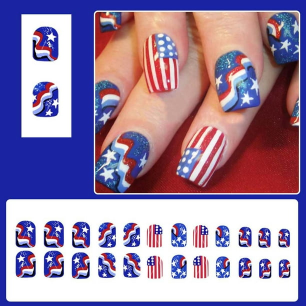 Juego de Uñas Postizas Cortas y Brillantes con Purpurina Del Día de La Independencia | Lunares Rojos y Blancos | 24 Unidades + Pegamento de Gelatina Incluido