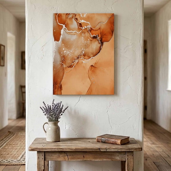 Ships Next Day Canvas Wall Art 11"x14",Marble Burnt Orange Wood Framed Canvas Print Painting,Modern Abstract Ink Painting Luxury Ready to Hang Small Picture Wall Decor for Bathroom Bedroom Hallway