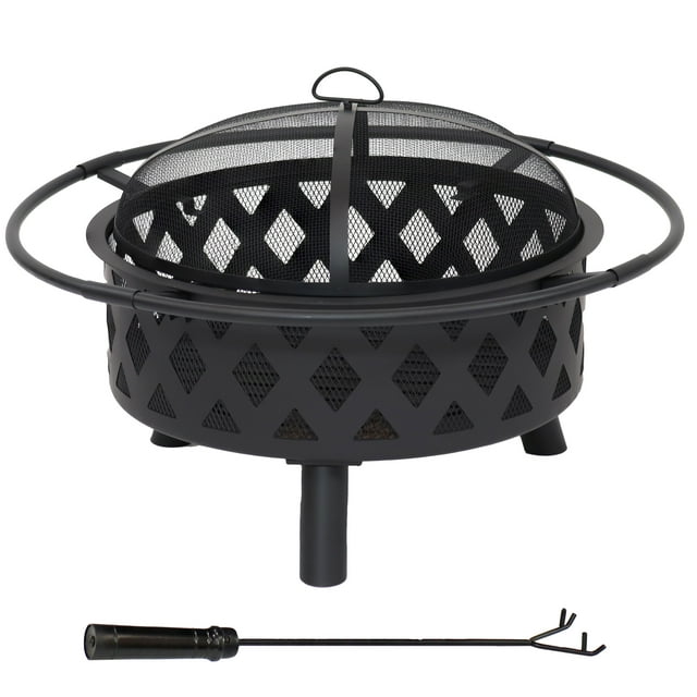 Sunnydaze Crossweave Heavy-Duty Steel Outdoor Fire Pit with Spark Screen, Poker, Grill, and Cover - 30-Inch Round - Black