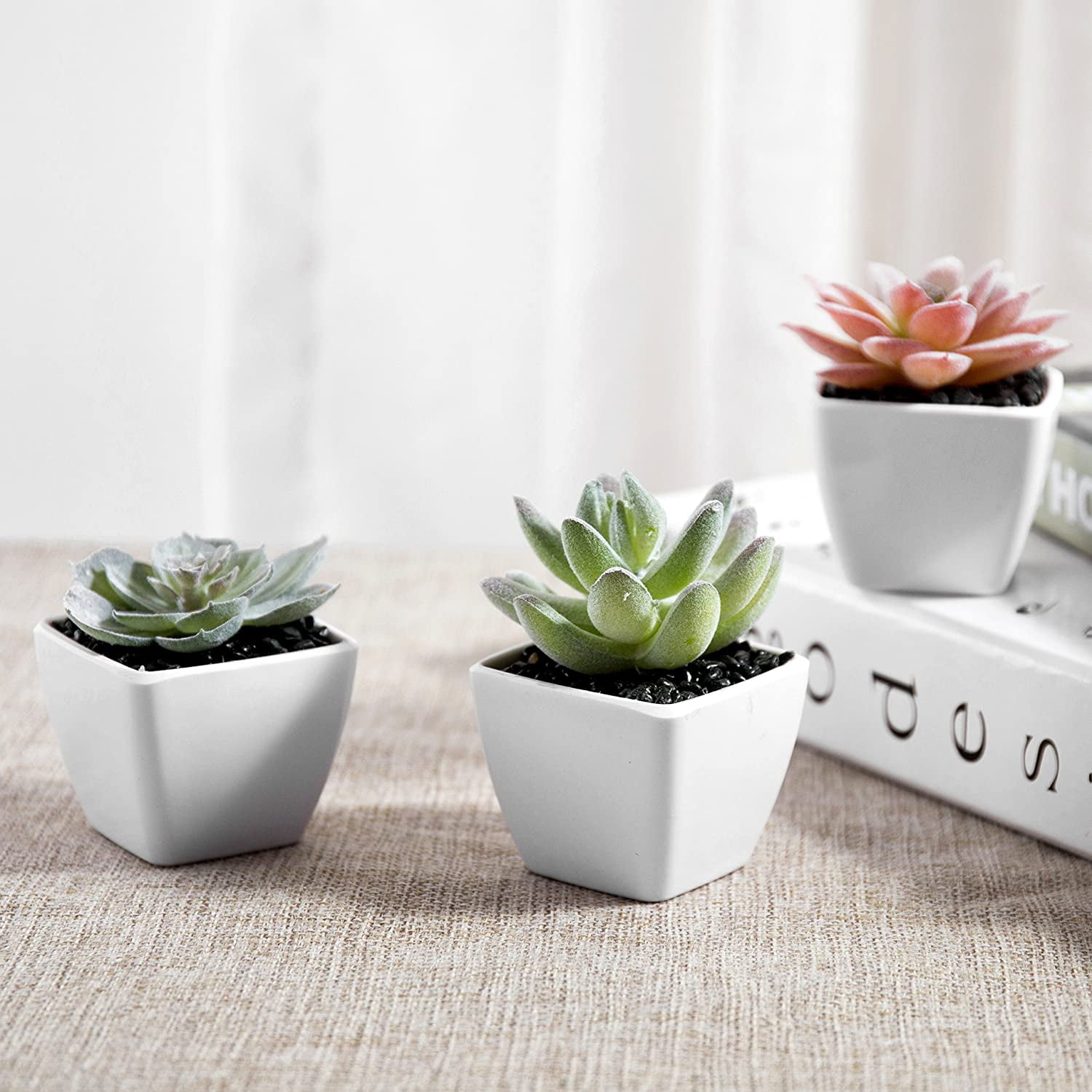 MyGift Set of 3 Faux Succulent Plants in White Ceramic Pots with Bamboo Trays 