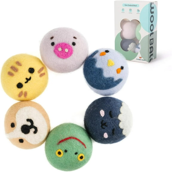 Wool Dryer Balls XL Size 6 Pack - Fun Dryer Balls with Animal Faces Handmade New Zealand Wool Balls for Dryer Cute Dryer Balls Laundry Reusable Anti Static Natural Fabric Softener