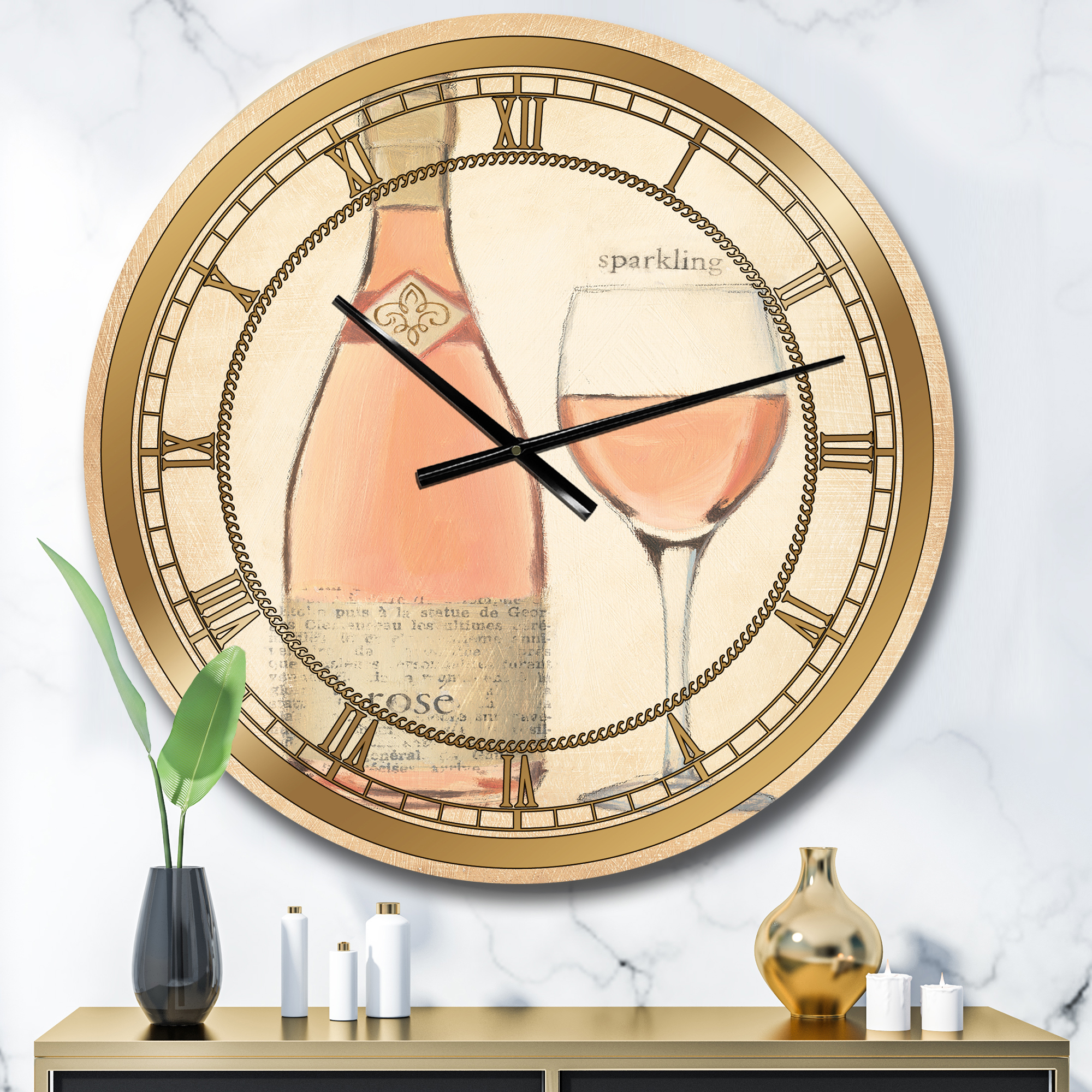 Designart 'Glam Sparkling Rose Wine' Glam wall clock
