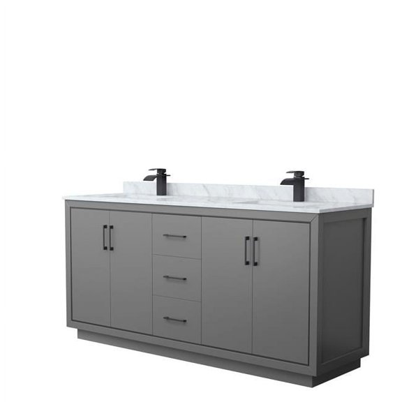 72 in. Icon Double Bathroom Vanity, Dark Gray, White Carrara Marble Countertop, Undermount Square Sinks & Matte Black Trim