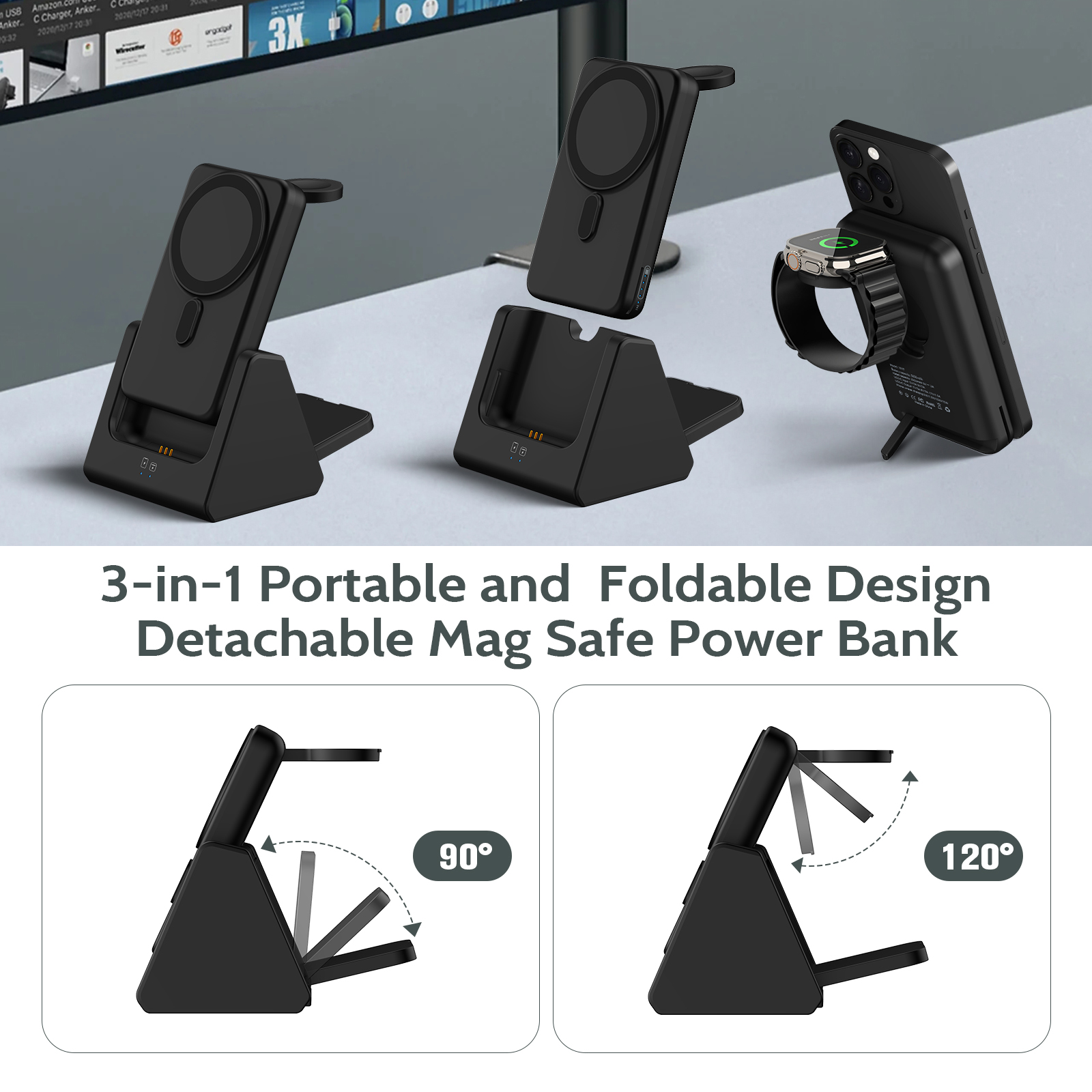 Smtcsl Wireless Charging Station 3 in 1  Portable 5000mAh Power Bank Magsafe for iPhone Apple Watch