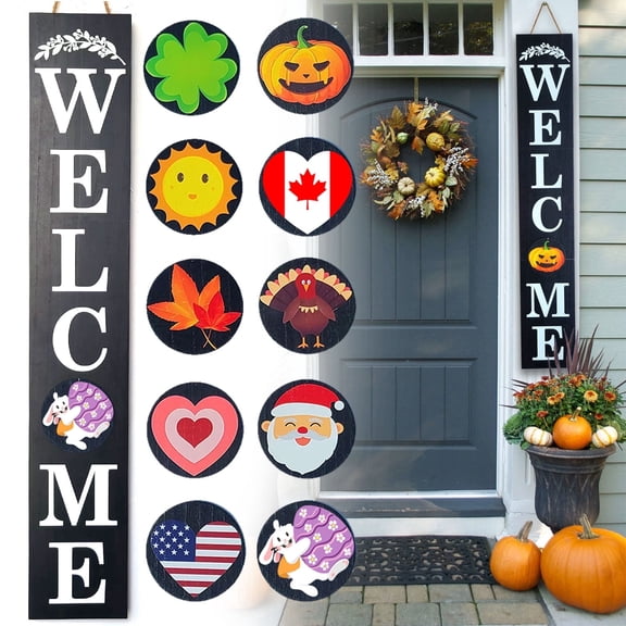 Welcome Sign for Front Door with 10 Interchangeable Seasonal Icons,47inch Rustic Outdoor Welcome Signs for porch,Vertical Front Porch Decorations
