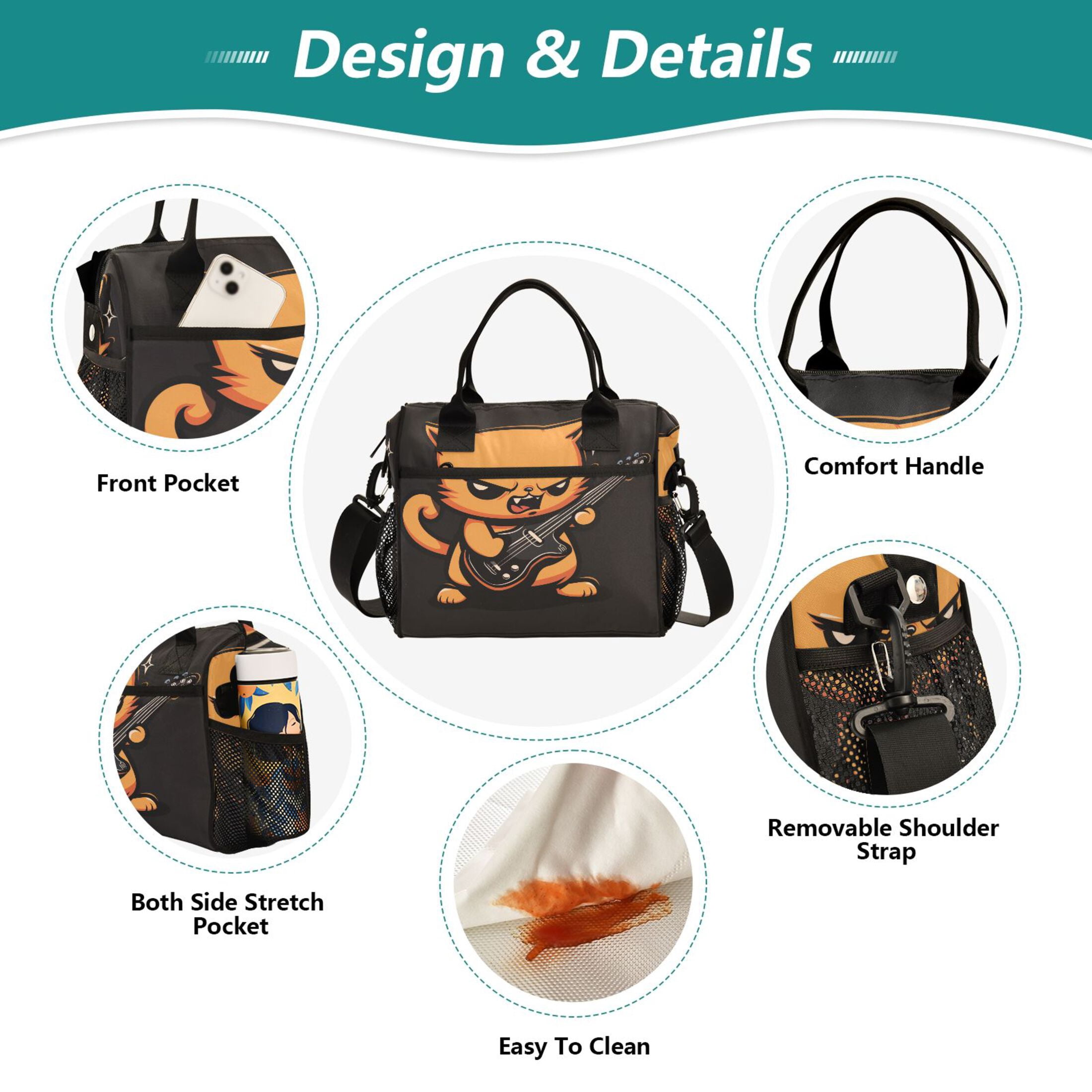Lunch Bag Insulated Lunch Box Leakproof Reusable Cooler Tote Adjustable Shoulder Strap for Men Women Angry Cat Playing Guitar 9L
