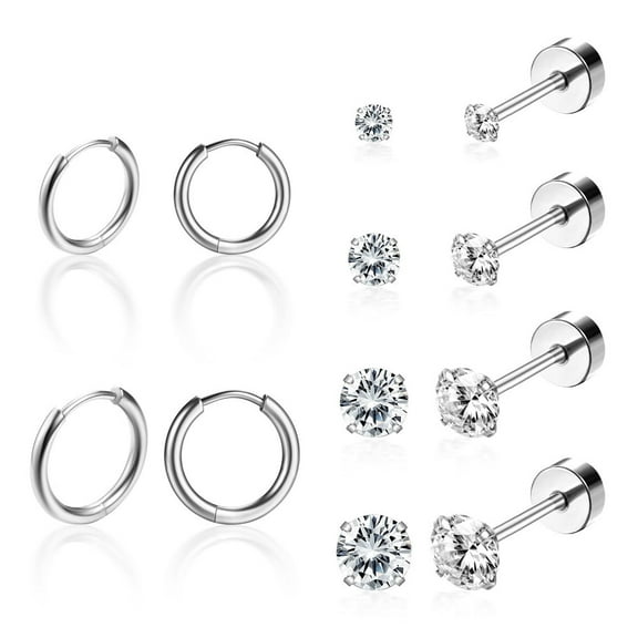 Nmkwnr 6 Pairs 316L Stainless Steel Hoop Earrings Cubic Zirconia Earring Set Lightweight Flat Back Stud Earrings for Women