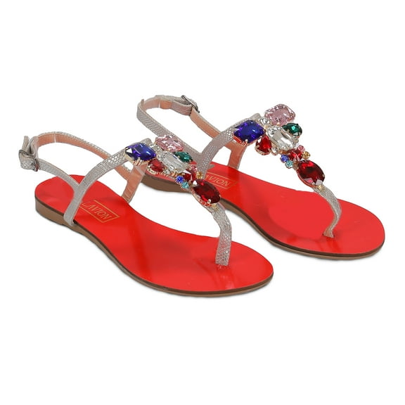 Ventutto Rio Red Silver Crystal Cluster T-Strap Sandal-10 for Womens