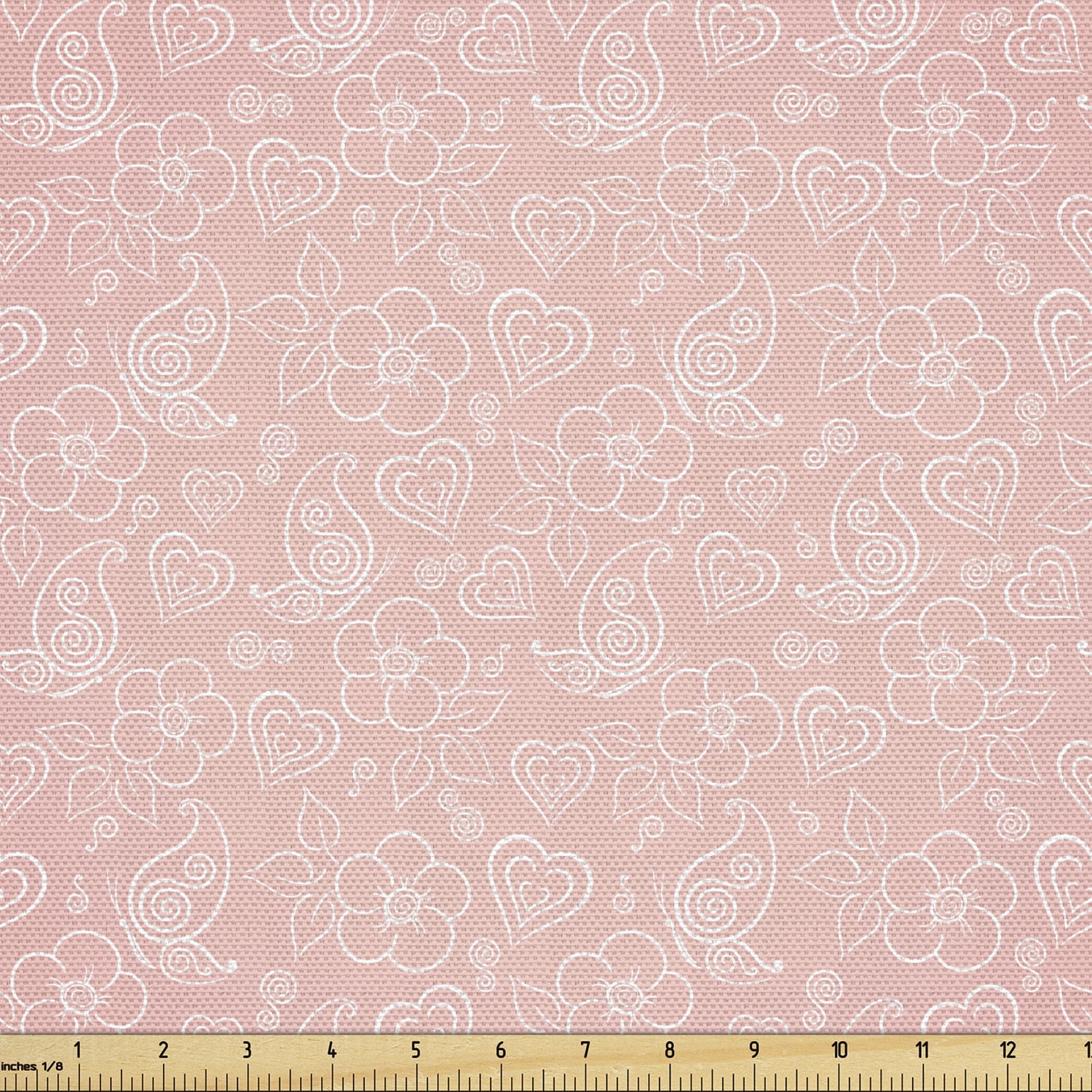 Pale Pink Sofa Upholstery Fabric by the Yard, Flowers Spiral Leaves Heart Lovers Romantic Girls