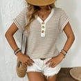 thumbnail image 5 of Summer V-neck Short Sleeve Knitted T-shirt Patchwork Button Pullover Top, 5 of 6