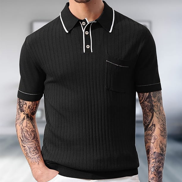Jersey Elvqul Hombre Economicas Negro Manga Corta de Color Sólido con Solapa