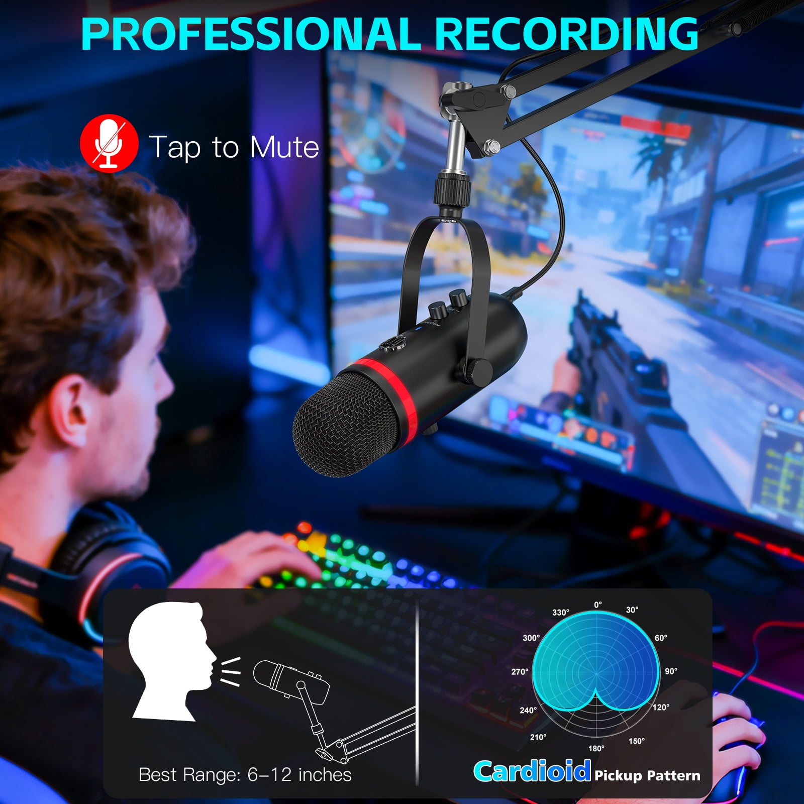 ZealSound Podcast Microphone for PC/Mac/iPhone – USB Studio Mic with Noise Cancellation, RGB Lighting, Mute, Gain, Monitoring & Echo, Boom Arm & Pop Filter, Streaming, Recording, TikTok, YouTube
