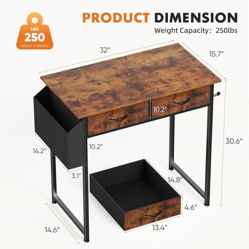 Kelno 32 Inch Computer Desk with 2 Fabric Drawer Storage Bag Iron Headphone Hook Vanity Writing Table, Rustic Brown