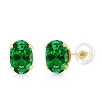Gem Stone King 10K Yellow Gold Green Simulated Emerald Stud Earrings for Women Men (0.70 Cttw, Gemstone Birthstone, Oval 6X4MM)