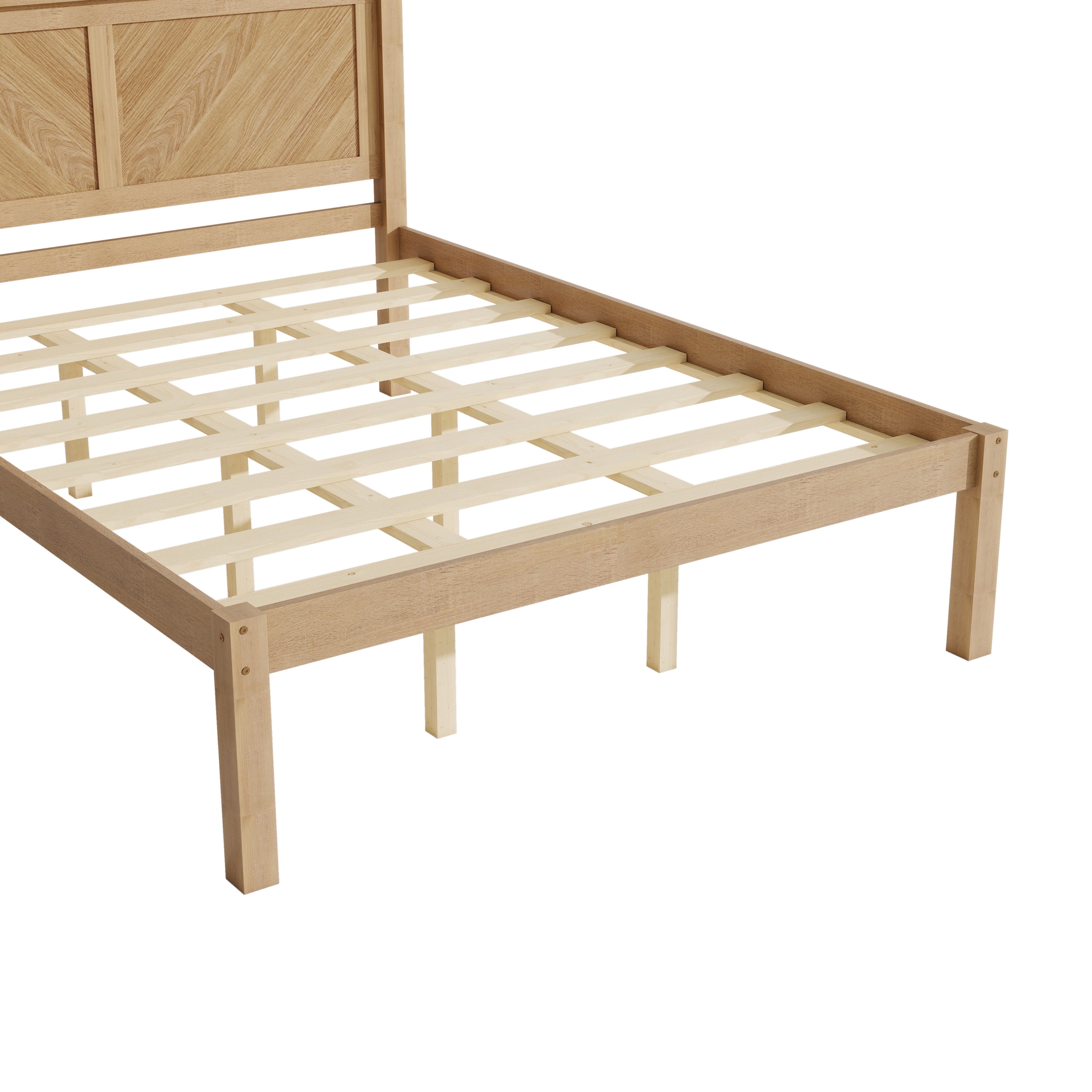 Queen Bed Frame with Herringbone Wood Headboard, Solid Wood Platform Bed and Mattress Foundation with Under-Bed Storage for Bedroom, Natural Oak