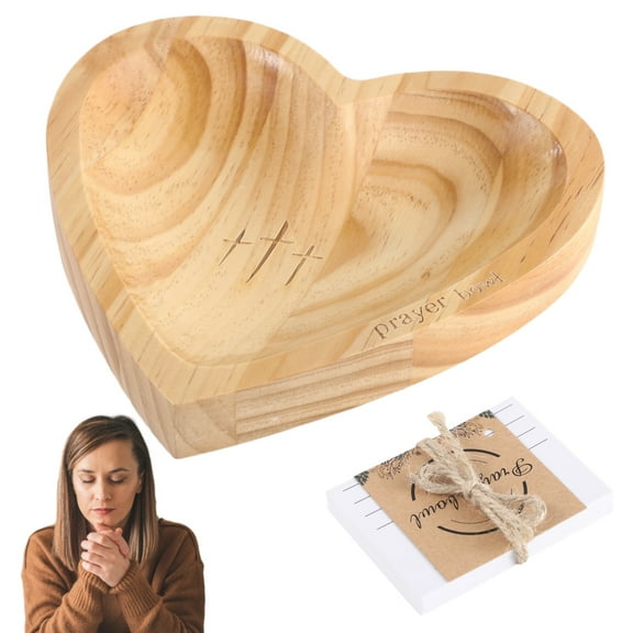 Heart Prayer Bowl with Cards, Wooden Religious Bowl with Three Cross Engravings, Portable Dough Bowls, Decor Bowl for Meditation and Travel, Christian Congregation Present