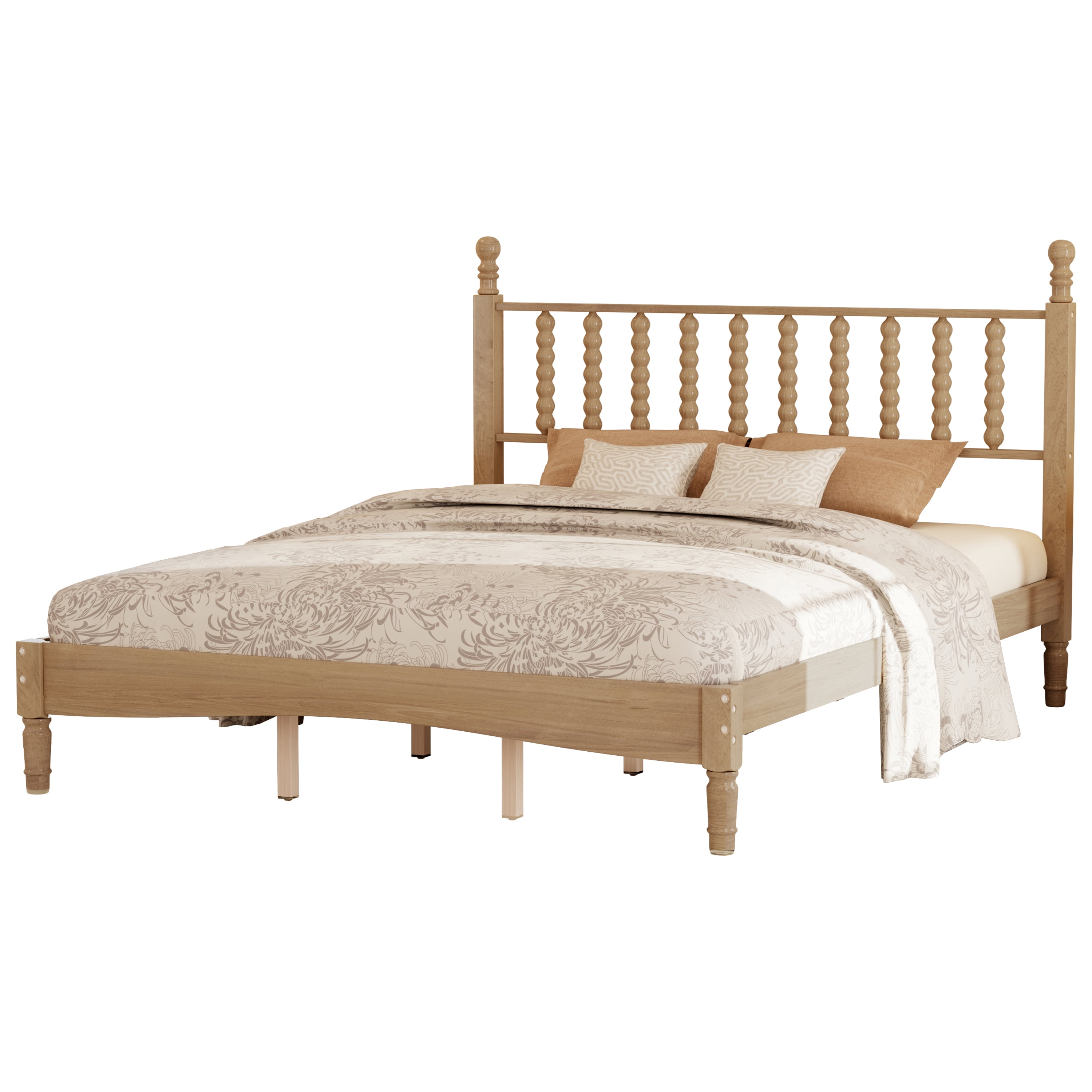 Euroco Wood Retro Style Queen Size Platform Bed with Slats for Living Room, Natural