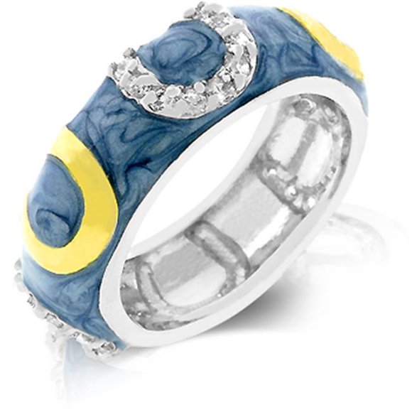 Kate Bissett R07805T-V06-10 Genuine Rhodium Plated- 18k Gold Plated Horseshoes and Light Blue Enamel Overlay with Handset Clear CZ Eternity Ring - Size 10