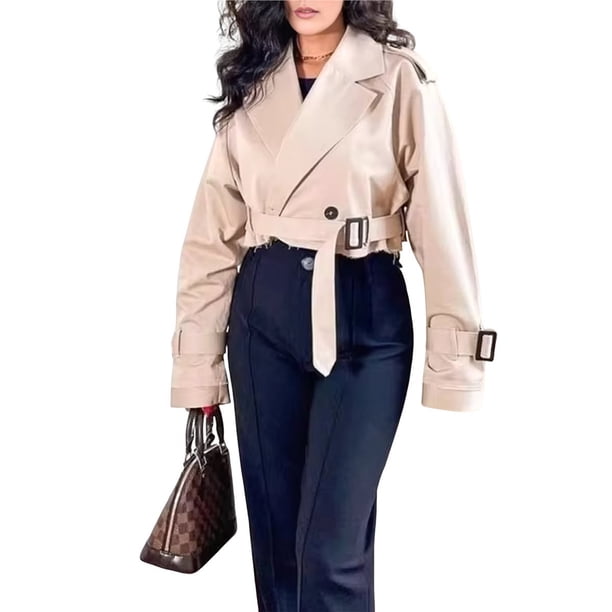 Chaqueta Corta de Ciclismo para Mujer, Gabardina Informal Cruzada con Cinturón Caqui M