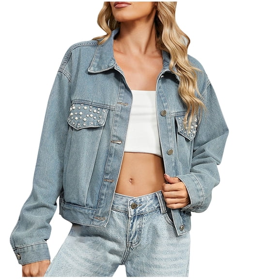 BXINGOHAI Womens Fashion Denim Jackets Button Down Long Sleeve Tops Trendy 2024 Trucker Jacket Blue,M