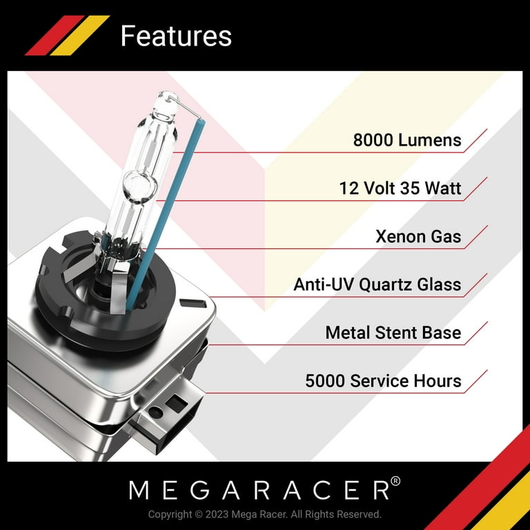 Mega Racer D3S/D3R HID Headlight Bulbs Xenon OEM Replacement - 6000K  Diamond White, 12V 35W 8000 Lumens, Pack of 2 