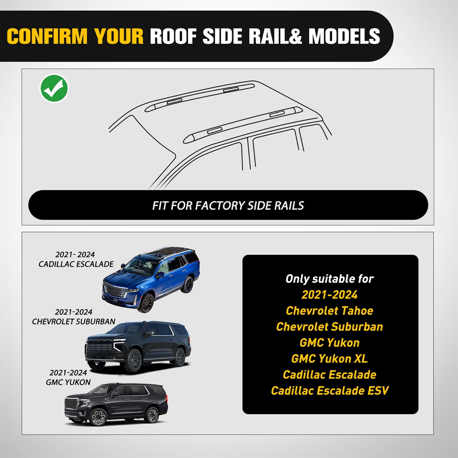 Roof Rack Cross Bars Compatible with Chevrolet Tahoe Suburban GMC Yukon Cadillac Escalade 2021 22 23 2024, Adjustable Aluminum Car Crossbars for Cargo Carrier Luggage Box Kayak Tent Snowboard