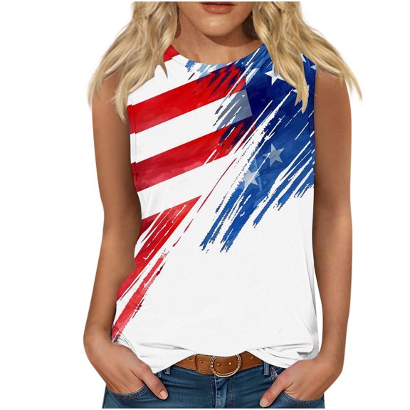 Women's Red White and Blue Tank Tops Summer Loose Fit Crew Neck USA Flag Print Shirts Patriotic Sleeveless Independence Day Top White