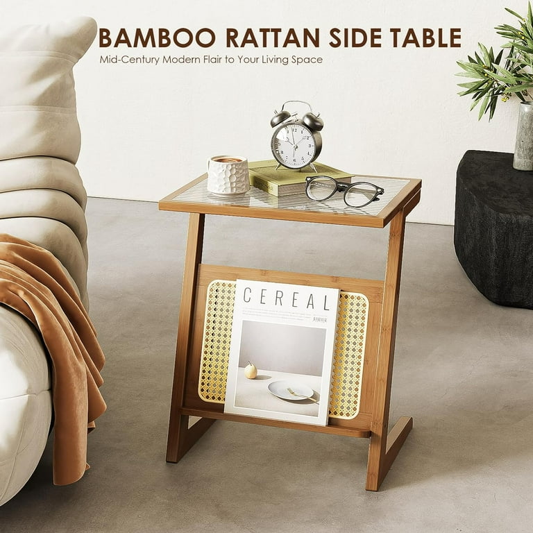 Bamworld Rattan Side Table Z Shape Mid Century Modern End Table Glass Bedside Table Small Boho Tables Bamboo Coffee Table with Storage for Living Room Bamworld Rattan Side Table Z Shape Mid Century Modern End Table Glass Bedside Table Small Boho Tables Bamboo Coffee Table with Storage for Living Room