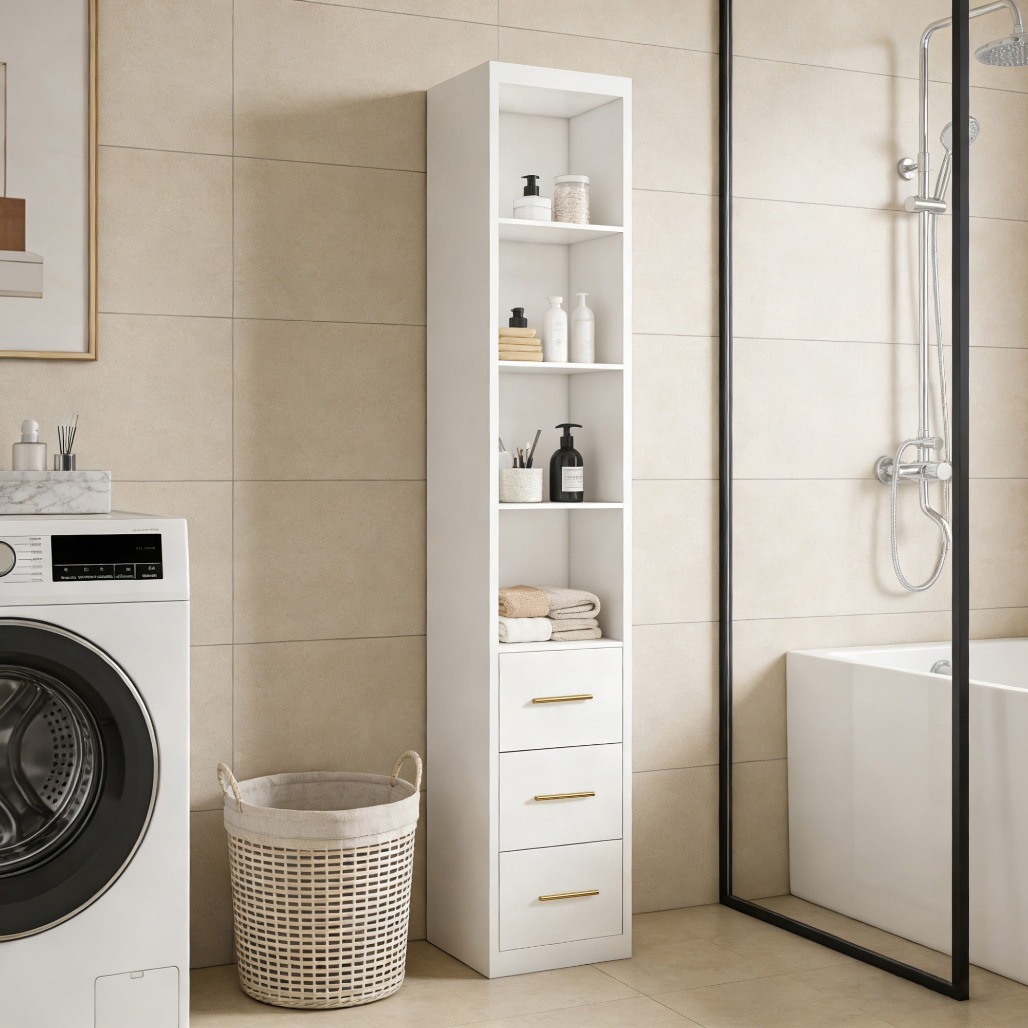 Mintazer 85.05" Tall Storage Cabinet with 4 Shelves and 3 Drawers for Bathroom Living Room Bedroom, White