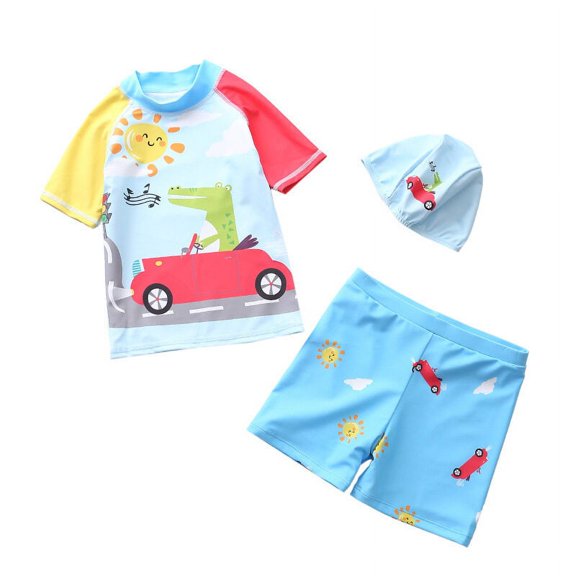 Childrens 3-piece Dinosaur Suit Boys Swimming Cap Short Pants Swimsuit Swimming Beach Suit Baby Bath Tub Set Baby Swimwear A30