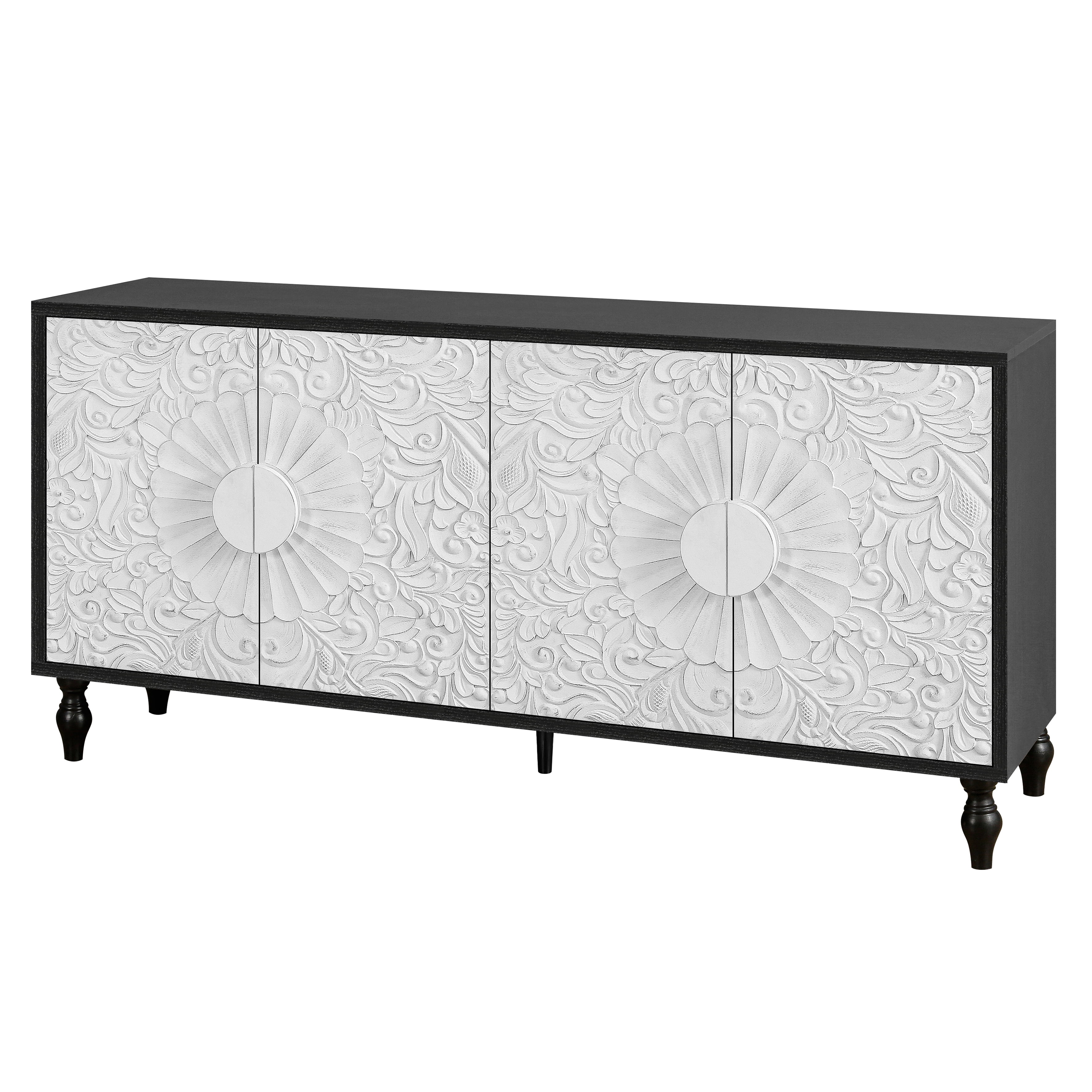 Aukfa 63" Large Accent Storage Cabinet TV Stand with Carved Door for Living Room,Entryway,White