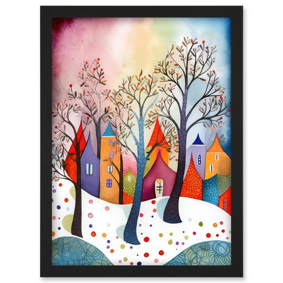 Winter Whimsy Forest Village Folk Art Artwork Framed Wall Art Print A4