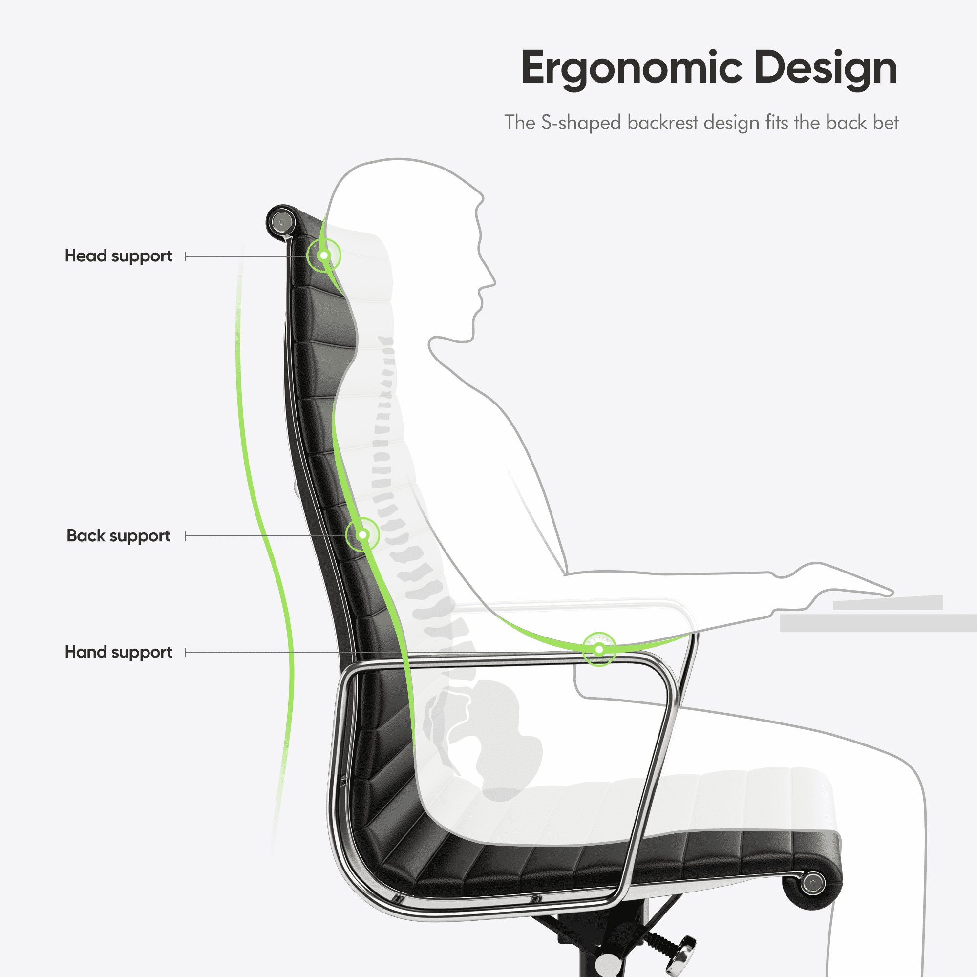 Ribbed Genuine Leather Office Chair, Hight Back, Adjustable Ergonomic Computer Chair Black 1PC