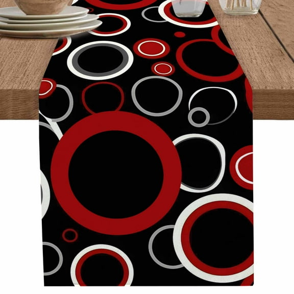 Abstract Black and Red Circle Polka Dot Table Runner-70 Inch Long Modern Art Table Runners Linen Burlap Tablerunner for Kitchen Dining Room Holiday Party