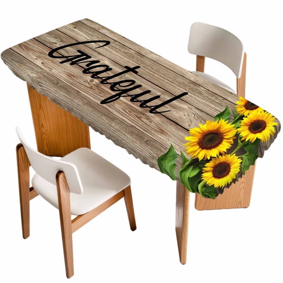 Farmhouse Sunflower Grateful Table Cloths for 8 Foot Rectangle Tables, Brown Wooden Plank Country Patio Waterproof Elastic Fitted Tablecloths, Washable Rectangular Table Cover for Camping