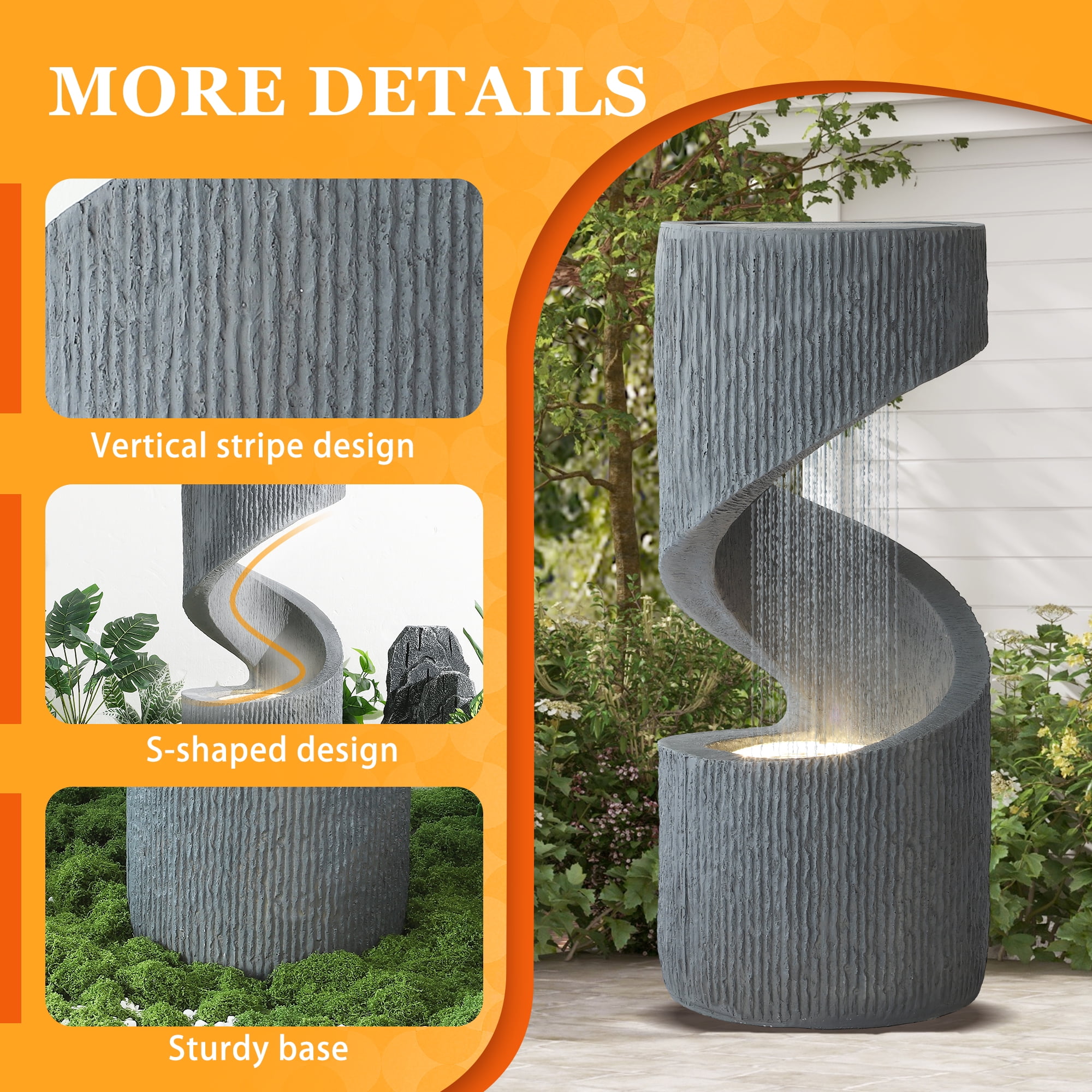 Haverchair 31.9" Outdoor Water Fountain with LED Light, Large Spiral Fountains Curved Garden Fountain, Modern S-Shaped Freestanding Waterfall for Garden, Patio, Backyard, Deck, Porch and Home Decor